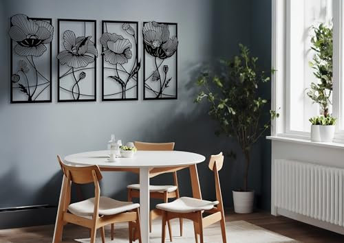 Outentin Moderne Wanddeko Wohnzimmer - Deko für Wohnzimmer Wand - 3d Wanbilder - Wandskulpturen - Große Wand Dekoration in Schwarz -Perfekt für schlafzimmer küche und büro - 91 x 43 cm (Mohnblumen)