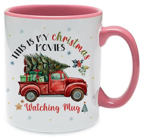 Getagift This is My Christmas Movie Watching Mug, with red Christmas Truck/Christmas Tree, Inside Coloured Coffee, Tea Mug. (Pink)