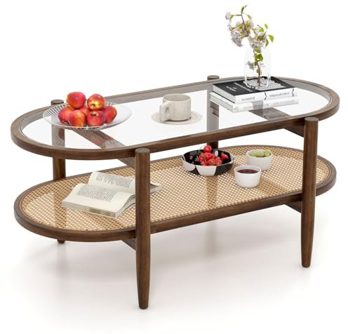 CASART Coffee Table, 2-Tier Tempered Glass Tea Table with Acacia Wood Frame & Rattan Storage Shelf, Wooden Accent Table Center Tables for Living Room Bedroom Office Balcony (Brown)