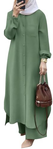OBEEII Muslimische Kleider für Damen 2 Teiler Corban Ramadan Outfit Langarm Oberteile Robe Und Hosen Dubai Türkisches Naher Osten Arabisch Islamische Kleidung Grün02 3XL