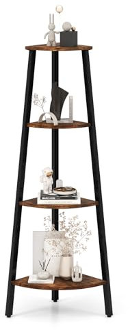 GYMAX Scaffale ad Angolo a Scala a 4 Ripiani, Scaffale Angolare con Telaio in Metallo Robusto, Mobile per Cucina con Dispositivo Anti-Ribaltamento per Libri e Piante, Marrone