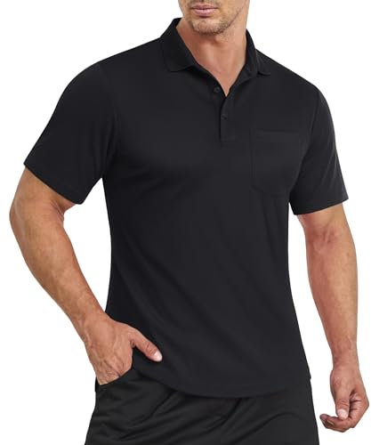 EKLENTSON Mens Polo Shirts Short Sleeve Quick Dry Golf Tennis Shirt Lightweight Sport Collared T-Shirts with Pocket Breathable Polyester Tops Black,S