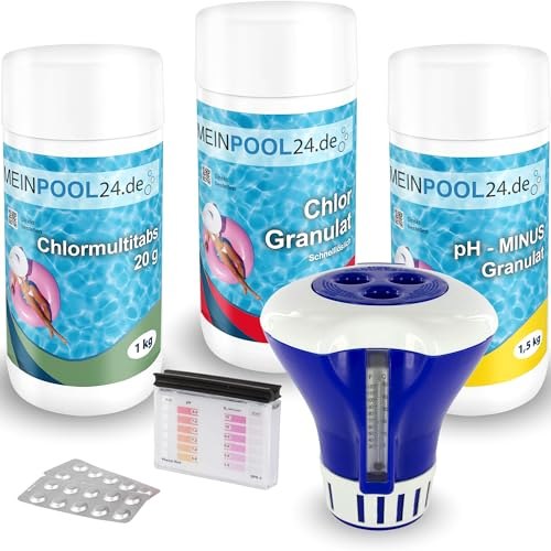 Pool-Starter-Set bestehend aus Chlorgranulat, Chlormultitabs, ph-Minus, Dosierschwimmer, 1 Wassertestkit pH/Cl, Wasserpflegeanleitung