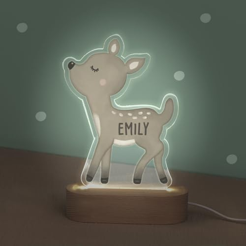 hellomini Personalisiertes Nachtlicht LED aus Acrylglas mit Holzsockel, Kinder Lampe mit USB Anschluss, Geschenk für Mädchen und Jungen, Schlummerlicht Wunschform, (Reh, mit USB-Stecker)
