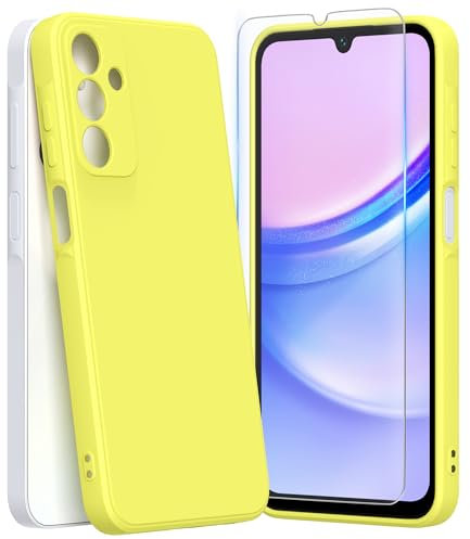 HOWKEKER Cover per Samsung Galaxy A15 4G / 5G custodia con 1 Vetro Temperato, Custodia in Morbida Silicone Liquido Sottile Antiurto Cover per Samsung Galaxy A15 4G / 5G (6.5) - Giallo