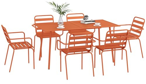 Outsunny Gartenmöbel-Set für den Außenbereich, 7-teilig, mit 1 Tisch und 6 stapelbaren Stühlen, aus Stahl, Rot
