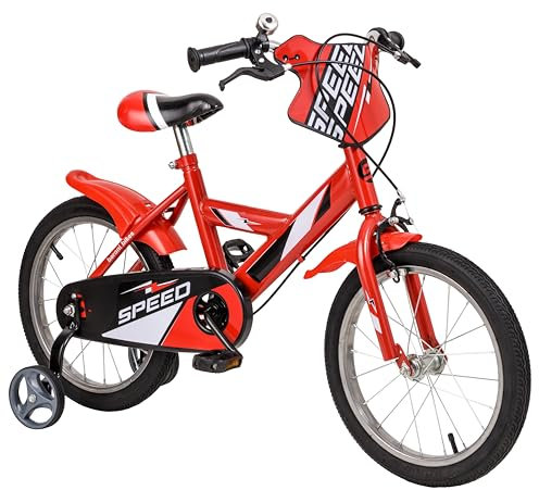 Baroni Toys Rotes Kinderfahrrad mit Gummirädern, Klingel, dekorativem Schild und Rollen inklusive, Sportfahrrad für Kinder aus Stahl, Fahrrad für Kinder von 4 bis 7 Jahren, Größe 16 Zoll