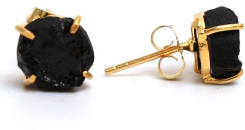 Gempires Gift Natural Raw Black Tourmaline Crystal Stud Earrings For Women Simple Dainty Jewelry Gemstone Handmade Gold Plated Hypoallergenic Post Earrings Minimalist Everyday Wear