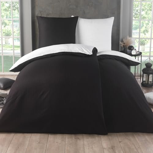 Kuscheli 4 teilig Dreamhome Uni fein Seersucker Wende Bettwäsche Bettbezug für Bettdecke Kissenbezug 80x80, Farbe:SCHWARZ-WEIß, Größe:2X 135x200 + 2X 80x80 cm