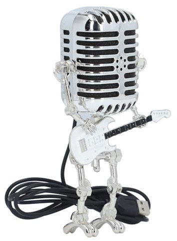 KKPLZZ Metall-Mikrofon-Roboter mit Gitarre, Retro-Punk-Stil, Vintage-Mikrofon-Roboter mit Licht für Schlafzimmer, Bar (Weiß)