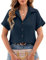 heekpek Musselin Bluse Damen Sommer Blusenshirt V-Ausschnitt Hemdbluse Elegante Oberteile 100% Baumwolle Kurzarm Blusen Tunika Shirt, Marineblau, XL