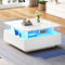 BTM Table Basse Carrée avec Éclairage LED, Moderne Table de Salon avec 2 Tiroirs et Compartiments en Verre, Charge de 30kg, 70x70x41cm, Blanche Brillante