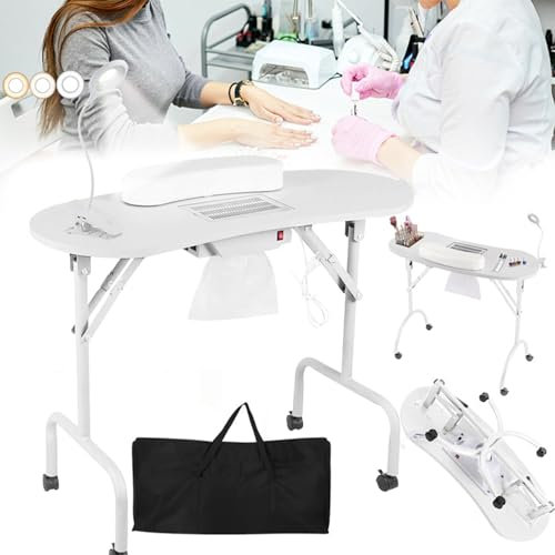 Table à Ongles, Table Manucure Pliable Table Manucure Avec Aspiration 90x44x72cm Table Manucure Avec Aspirateur à Ongles Table Manucure Mobile Avec Lampe à Ongles à Clip LED USB Variable Sac Transport