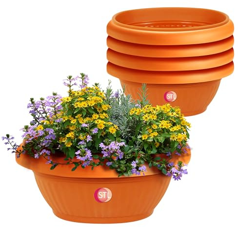 STL 4Pcs Terracotta Plant Pots, Oval Shape Lightweight Plastic Plant Pots, Mini Terracotta Pots with Drainage Holes, Small Flower Pots for Succulent Cactus Plants, Flowers, Plants, Indoor/Outdoor Use