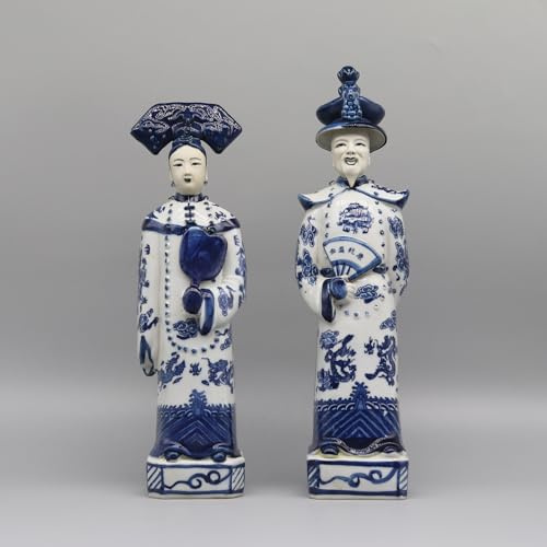Eastern tide Traditionelle blau-weiße Porzellan-Figuren chinesischer Kaiser und Kaiserin, dekorative Keramikstatuen, 2 Stück