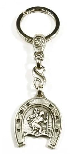 Porte-clés St Christophe fer à cheval, métal argenté, contour diamantée
