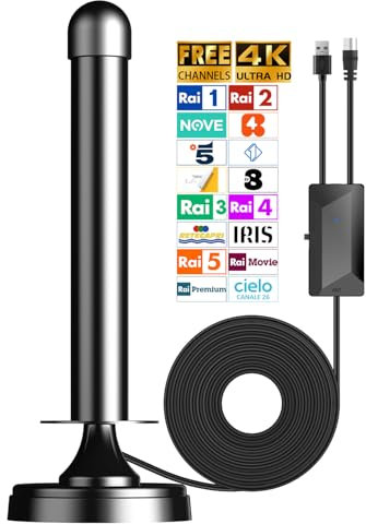 Antenna TV Interna Digitale terrestre 2025 - Antenna Amplificata Potente con Ricezione a Lunga Distanza, Base Magnetica per TV portatile - Supporta 4K/1080p, VHF/UHF, DVB-T/T2 - All TVs