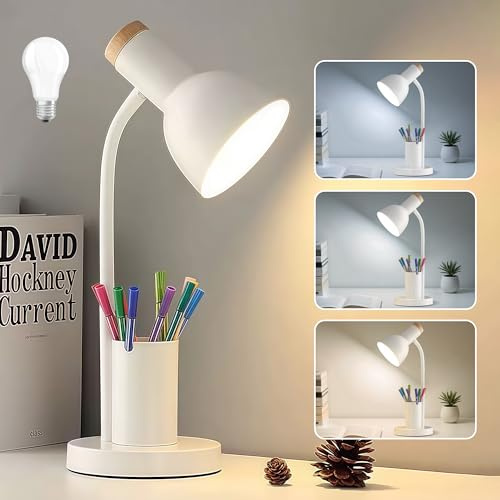 LED Schreibtischlampe mit Stifthalter, augenschonende Schreibtischlampe 3 Farbmodi Leselicht flexible Schwanenhals-Metall-Studienlampe, niedliche Tischlampen für Zuhause Büro Nachttisch Schlafsaal