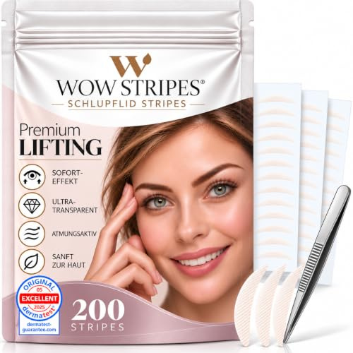 WOW STRIPES Schlupflid Tape – Premium Augenlid Tape für sofortiges Augenlid Lifting ohne OP, unsichtbarer Stripes zum Kaschieren von Schlupflidern, hautfreundlich, überschminkbar 200 Stück - SML