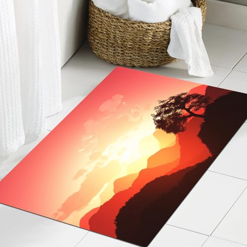 JHAOUNUK Weich Badezimmerteppich 60x90cm,Magischer orientalischer Sonnenuntergang mit Baum und Bergen Mystique H,rutschfest waschbar Badematte Flauschige Badteppich Saugfähig Badvorleger Duschvorleger