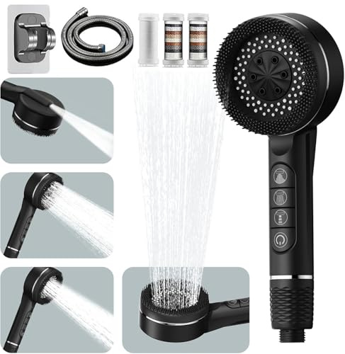 High Pressure Shower Heads, Hard Water Filter Shower Head with 1.5m Shower Hose and Shower Stand, 4 Mode Power Shower Head with Pause Switch, Shower Pro Head Showerhead with Water Filter, Black