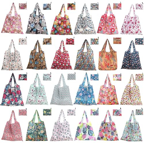 24 Stück Faltbare Einkaufstaschen Groß, Wiederverwendbare Einkaufstaschen aus Polyester, Wasserdichte Tragetaschen für Damen, Waschbare Einkaufstüten mit Beutel für Reisen, Alltag und Aufbewahrung