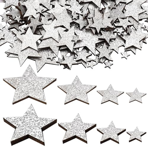 Whimzey 4 Größen Holzsterne zum Basteln Streudeko Weihnachten 1-4cm, 50 Stk Glitzer Sterne Deko Holz Klein,Weihnachtsdeko Sterne Silber,Konfetti Weihnachten Tischdeko,Dekostern für Hochzeit,Geburtstag