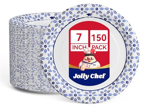 JOLLY CHEF 150 Pack 7 Inch Disposable Paper Plates Heavy Duty Blue Print | Eco-Friendly Disposable Tableware, Leak-Resistant Plates for Desserts, Appetisers, Cakes, Snacks & Catering Events
