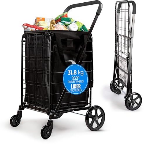 SereneLife Compact Shopping Trolley Cart, 32kg Capacity, 360° Swivel Wheels | Foldable, Collapsible, Removable Waterproof Liner, Steel Frame, Compact, for Groceries, Laundry & Luggage