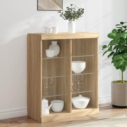 Owoxanthellate LED Sideboard Cabinet 81x37x100 cm, Engineered Wood Sonoma Oak Side Board with Colour-Changing Lights, Modern Storage Cupboard for Living Room Hallway Kitchen