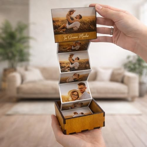 Caja de Fotos Desplegable de Madera con 6 Fotos Personalizadas - Caja Personalizada para Regalo con Fotos y Texto | Regalo Original Para Parejas, Hombres o Mujeres |Álbum de fotos desplegable