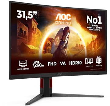 AOC Gaming Monitor C32G4Z 32 pollici Curvo 1920x1080, FHD, 260Hz, VA Panel, 4ms GtG, Speakers, Height Adjustment, (HDMI2x 2.0 DP 1x 1.4) HDR10, FreeSync Premium, Nero