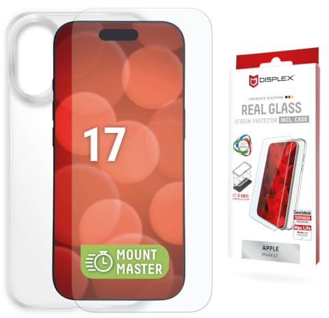Schutzglas + Schutzhülle für iPhone 17 (10H), MountMaster, 360° Schutz | DISPLEX Real Glass + transparente Schutzhülle, 10H Panzerglas, Bruchschutz, kratzfest, MountMaster für 3-Sek.-Montage