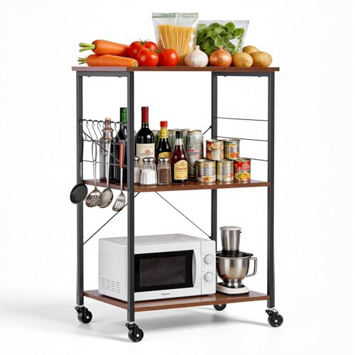 VEVOR Chariot de Cuisine 3 Niveaux, Desserte à Roulettes Multifonctionelle 60,2x40,2x90,2 cm, Rangement pour Salon Garage Buanderie, Support Micro-ondes Four, Étagère de Cuisine sur Pied avec Crochets
