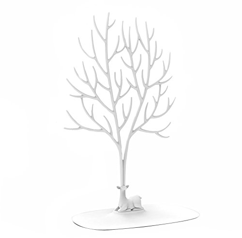 Présentoir à bijoux / porte-bijoux en forme d’arbre avec motif de cerf Sika, pour bagues/collier, cadeau d'anniversaire/Noël, blanc, Taille L