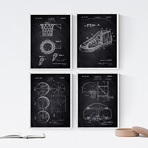 Nacnic 4 Poster Pack mit Basketball Patenten. Posterset mit Erfindungen und Alten Werkzeugen. Bilder von Korb, Korbball, Turnschuhe, Basketballnetz.