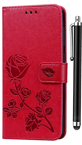 TANYO Coque Convient pour Samsung Galaxy A40, Élégant Et Beau Design De Relief, Etui Portefeuille en Cuir de Mode, Portefeuille à Clapet Fermé Magnétique, Rouge + 1 Stylet