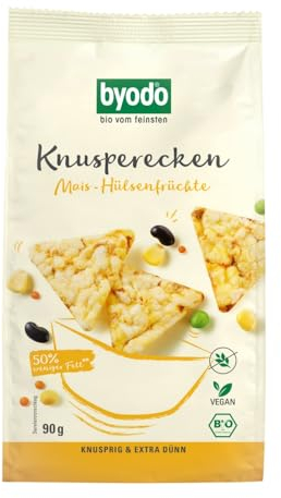 Byodo Bio Knusperecken Mais-Hülsenfrüchte 90g (6x90g) - Glutenfrei, Vegan, Ohne Zuckerzusatz, Intensiv Würzig, Knusprig Gebackene Mais-Snacks, Ideal für Zwischendurch & Vorrat, Gesunder Snack