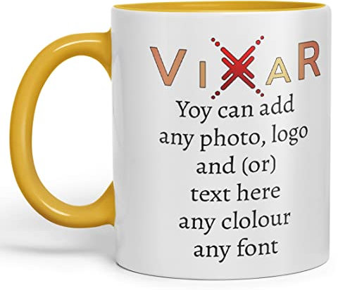 Vixar Personalised Coloured Inside Handle Mugs Cups 11oz, Your phot Logo Text Design Gift (Gold Yellow)