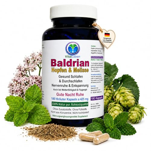 BALDRIAN + HOPFEN + MELISSE 180 Kapseln GUTE NACHT Nerven beruhigen, Entspannung, gesunder Schlaf, innere Balance, abschalten auf natürliche Art. NATUR pur. OHNE ZUSATZSTOFFE. 26660-180