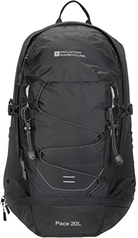 Mountain Warehouse Pace 20 l Rucksack – Trinkkompatibler Rucksack, Airflow-Rückensystem Rucksack, Packaway-Regenhülle – Rucksack für Reisen, Wandern, Camping Schwarz Einheitsgröße