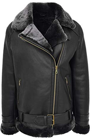 A1 FASHION GOODS Damen Echtes Schaffell Jacke Schwarz X- Reißverschluss Flieger Belted Doppelgesicht Shearling Willow (XL - EU 42)