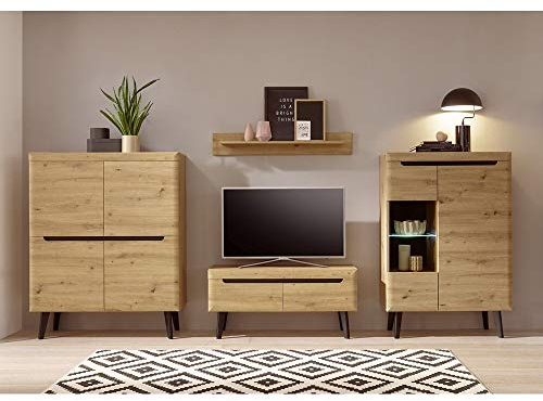 Lomadox Wohnwand Anbauwand Set 4 teilig in Eiche Artisan mit schwarz, LED-Beleuchtung, Highboard, Vitrine, TV-Lowboard, Wandregal, B/H/T: 344/170/40cm