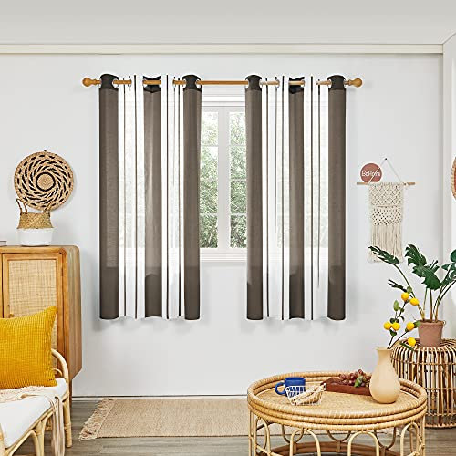Deconovo Transparente Vorhänge mit Ösen, Vorhang Schlafzimmer Boho modern, Voile Gardinen in Leinenoptik Nadelstreifen, 183x140 cm(HöhexBreite), Braun, 2er Set