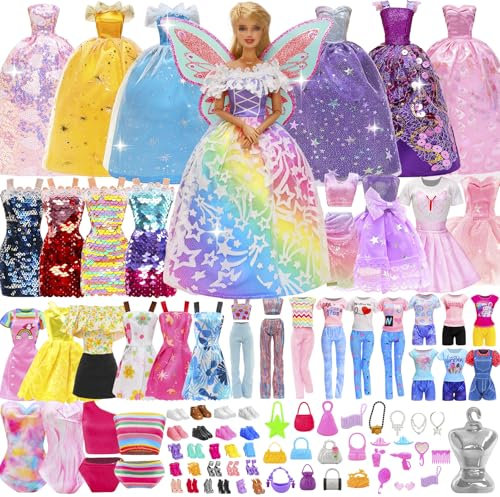 Miunana 110 Doll Clothes and Accessories Fashion Dresses Tops Pants Outfits Party Gown Mini Dresses Swimsuits Bikini Shoes Princess Hangers Handbag for 11.5 inch Doll