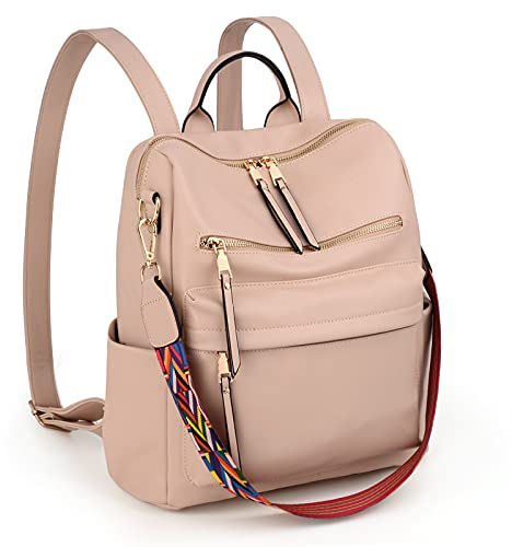 UTO Damen Rucksack PU Leder Modischer Multifunktionsrucksack mit farbigem Schultergurts Große Kapazität Schultertaschen Reißverschluss Rucksackhandtaschen für Reise Schule Arbeit Aprikose