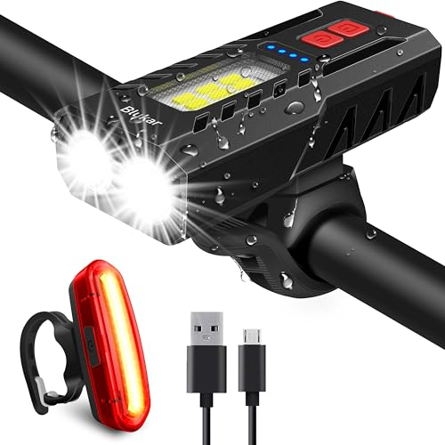 Blukar Éclairage Vélo, Ensemble Lumière Vélo LED Puissante USB Rechargeable Avant et Arrière, Lampe Vélo Etanche 6 Modes Phare de Vélo pour Cyclysme VTT, VTC, Bicyclette, etc