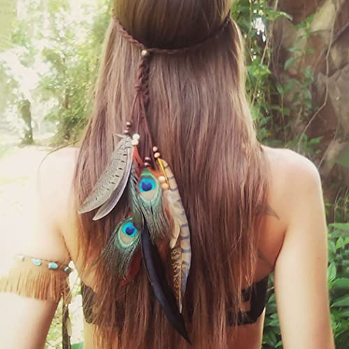 Fashband Indisches Pfauenfeder-Stirnband, Boho-Hippie-Kopfschmuck, Vintage-Stil, Tribal-Kopfschmuck, indisches Festival, Party, Kopfschmuck, Haarschmuck für Damen und Mädchen