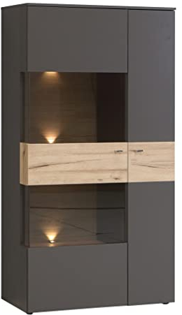 Newroom Vitrine Grau und Planked Eiche Vitrinenschrank Modern - 90,1x168,1x41,3 cm (BxHxT) - Glasvitrine Standvitrine Glasschrank - [Melvin.Five] Wohnzimmer Wohnstube