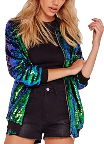 ORANDESIGNE Damen Pailletten Glitzer Mehrfarbige Metallic Sommer Festival Party Bomberjacke Pailletten Crewneck Bomberjacke Glitzer Jacke Langarm Reißverschluss Crop Jacke B Grün XL